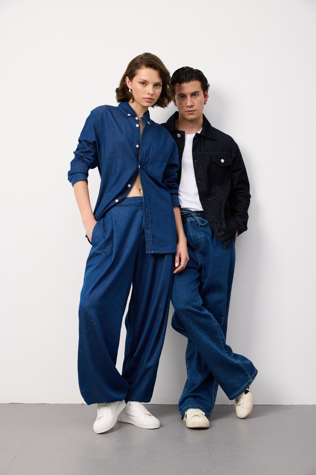 Sample denim garment made from Atlas Denim fabric — model shot 1