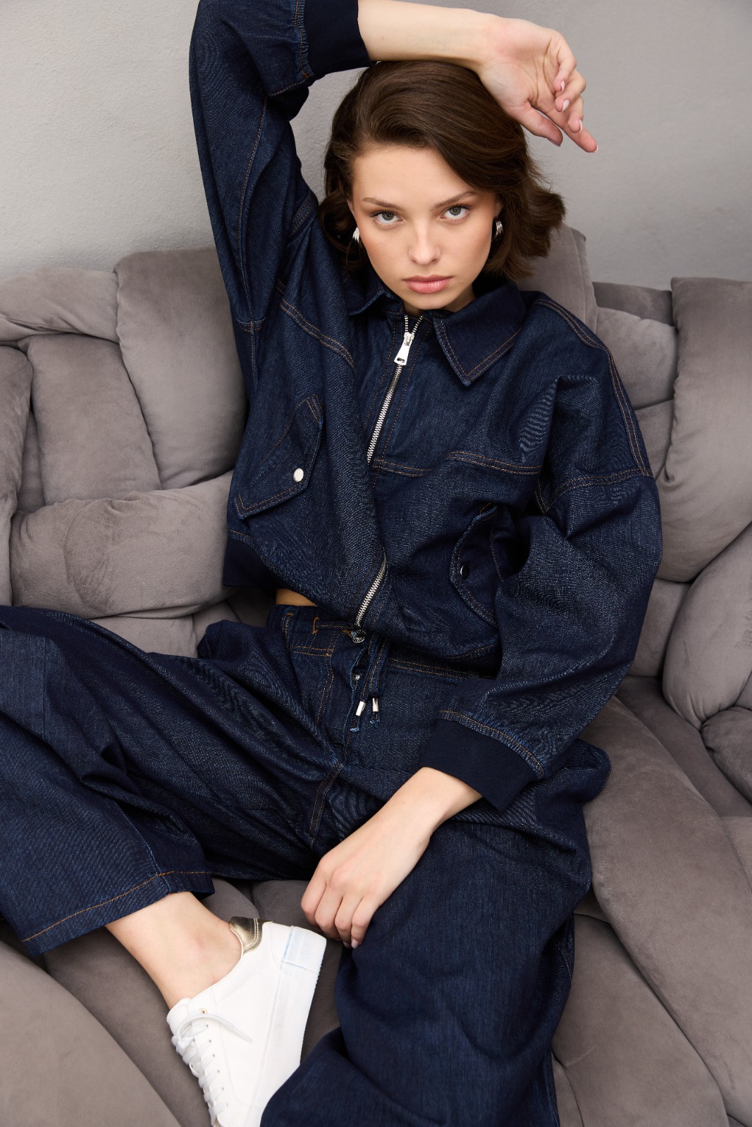 Sample denim garment made from Atlas Denim fabric — model shot 2
