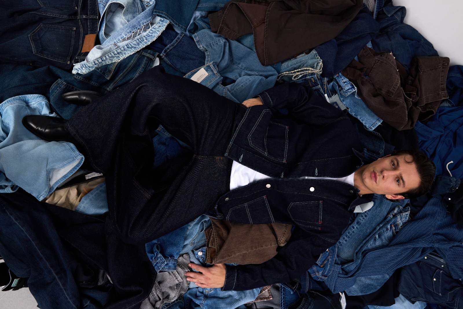 Sample denim garment made from Atlas Denim fabric — model shot 6